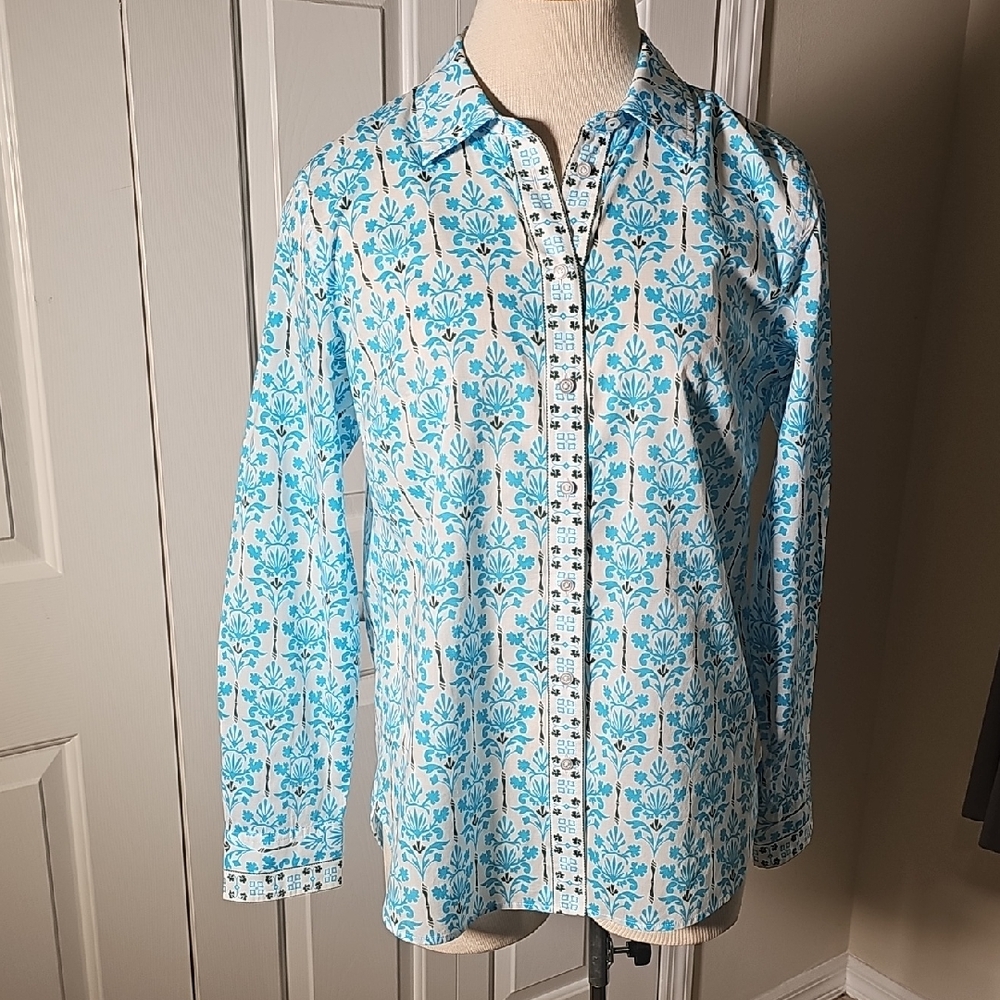 Blue and White Floral Button-Up Shirt From TALBOTS. Size Small